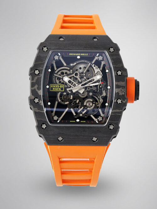 0132f377cdc9dc4f2e6584a9a72372f3.jpg Swiss Super Clone Richard Mille RM 35-01 with NTPT Carbon Fiber Case, Orange Silicone Strap