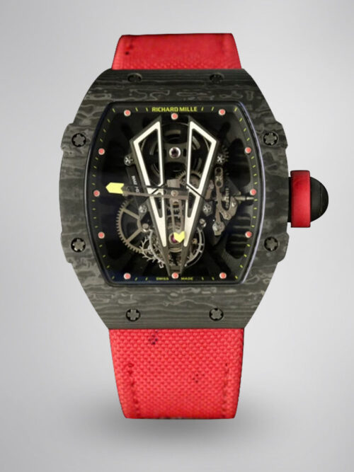 21c85cb4d81192233e9c80c01016db53.jpg Swiss Replica Richard Mille RM27-03 Black Carbon Fiber Case with Red Woven Strap