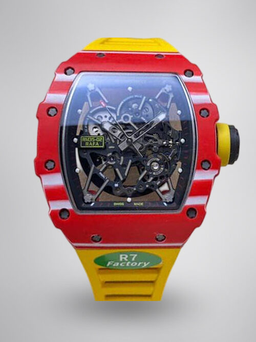 379e60b0c638fe2244071efa89f80635.jpg Best Richard Mille RM35-02 Replica – Red Carbon Case, Yellow Strap, Swiss Movement, Skeleton Dial