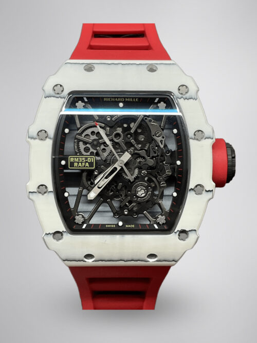 458a88794163c9e3a523593b84d6446e.jpg Richard Mille RM 35-01 Replica Rafael Nadal White Carbon Case Red Strap Watch | Swiss Movement, Skeleton Dial