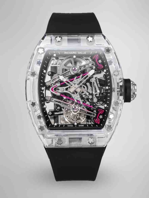 51bc100a385fe7cbc6c1c7fe12bcf6a2.jpg Replica Richard Mille RM 38-02 Pink Themed Crystal Skeleton Tourbillon Black Rubber Strap Watch