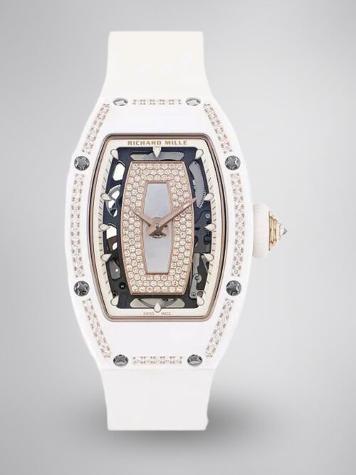 55bd5de3b76074d8a935795fb5fc3945.jpg Elegant Swiss Richard Mille RM 07-01 Replica White Ceramic & Rose Gold Diamond Dial Watch – Luxury Style For Women