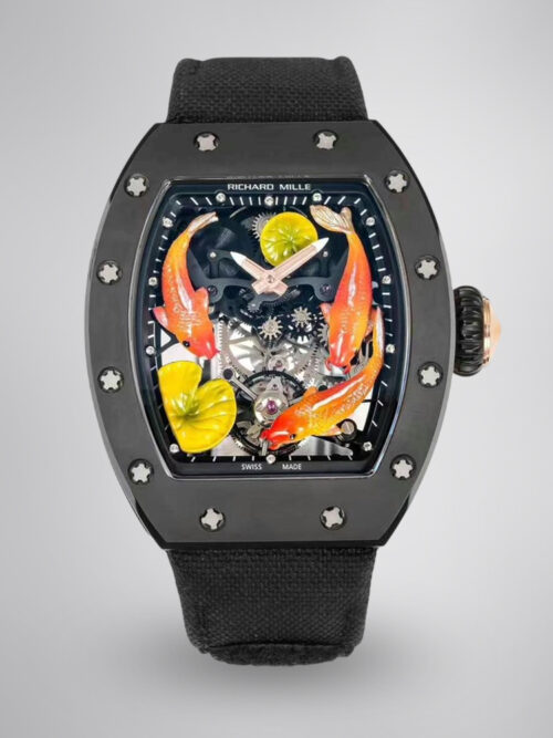 61336f3b78eca9d69e5c871959469d19.jpg Swiss RICHARD MILLE RM S10 Replica – Koi Tourbillon, Black Steel Case, Sport Style
