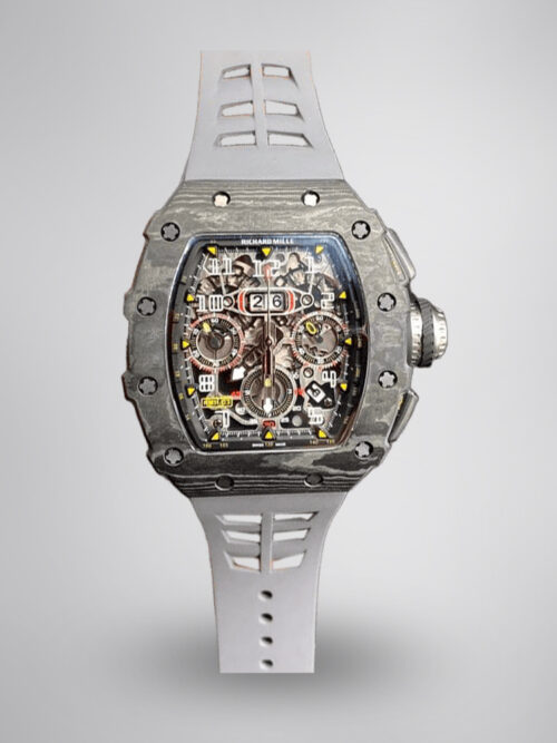 6a502a7e554ce9cad5ba106945eeefc7.jpg Swiss Richard Mille RM 11 Replica – 49mm Carbon Case, Skeleton Dial, Grey Rubber Strap