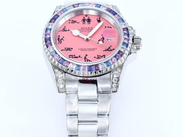 7231bb4c9c0aa68ad850f6d6cf5c03dd.jpg Luxury Swiss AAAAA Clone Rolex Datejust Replica Watch – Pink Dial with Humorous Erotic Markers & Jeweled Bezel