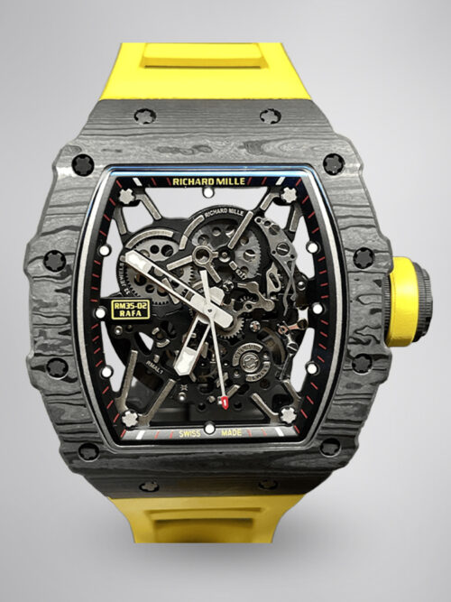 79c38854d962df8298b8a84c95b25e57.jpg Swiss Replica Richard Mille RM 35-02 Watch For Men – Skeleton Dial, Yellow Rubber Strap, Luxury Sport Design