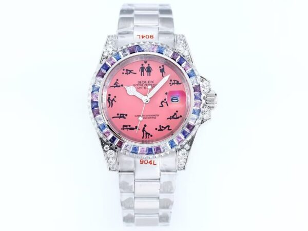 bcb28f751e2880e517ae6bef614ac95f.jpg Luxury Swiss AAAAA Clone Rolex Datejust Replica Watch – Pink Dial with Humorous Erotic Markers & Jeweled Bezel